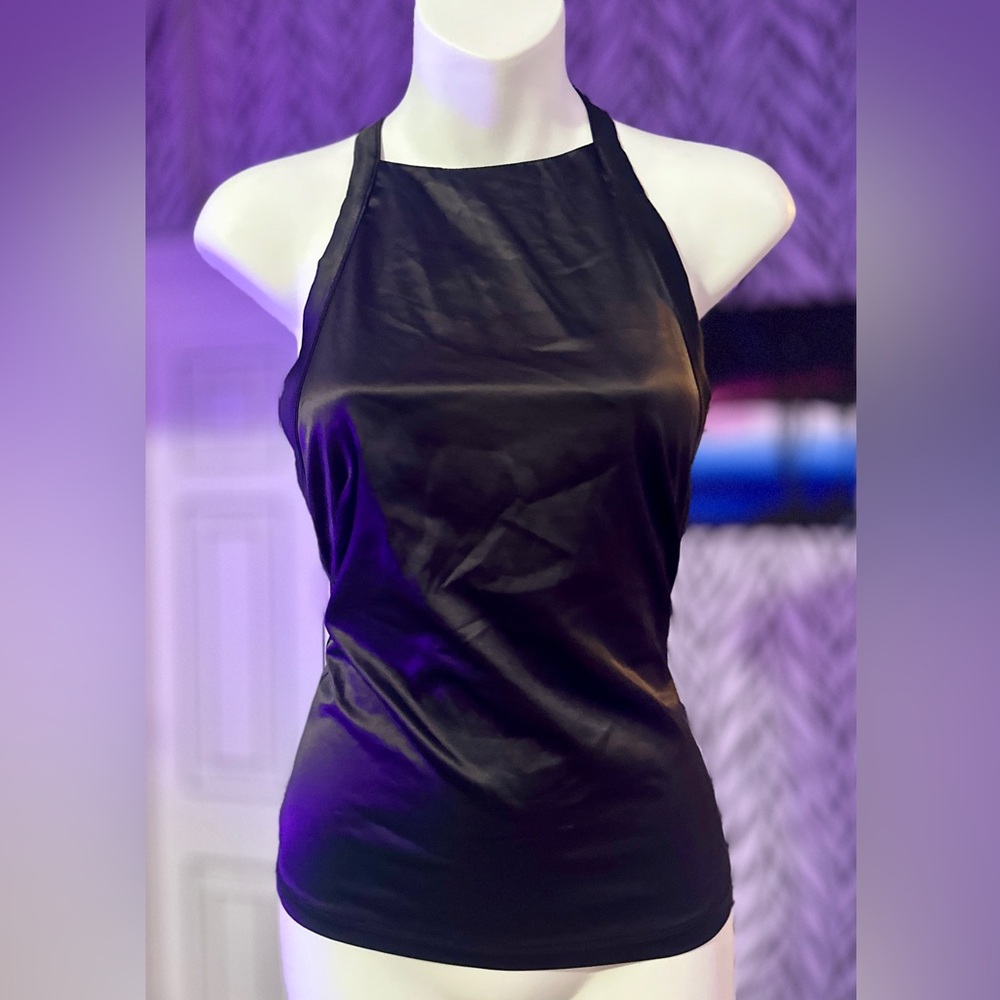 Black Free People Women's Halter Satin Corset Lace Back Tank Top